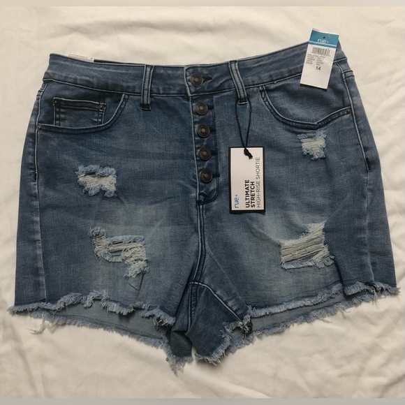 WOMENS HIGH RISE STRETCHY 5 BUTTON DISTRESSED DENIM SHORTS SIZE: 14 - Picture 1 of 8